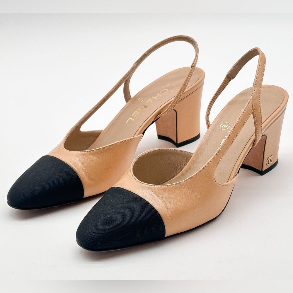 CHANEL Slingback Cap Toe Beige & Black Heels Leather Pumps EU 37.5 US 6.5-7